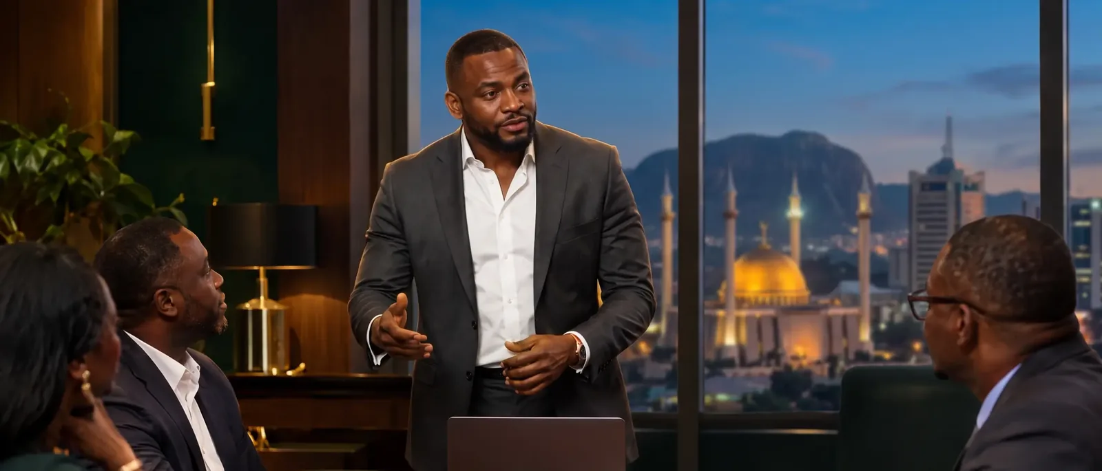 A confident professional leading a boardroom meeting, with the Abuja skyline at dusk behind him