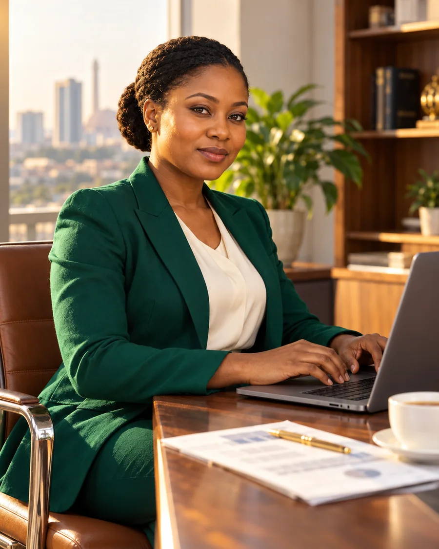 An experienced professional working confidently on a laptop at her office desk