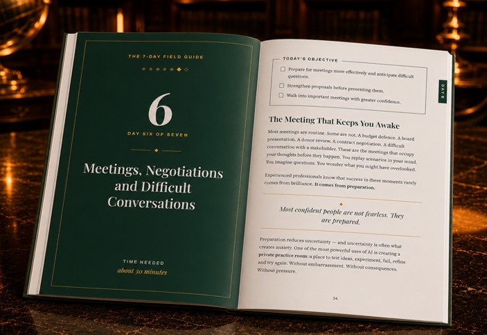 Inside AI Made Simple, Day 6 opening spread: Meetings, Negotiations and Difficult Conversations