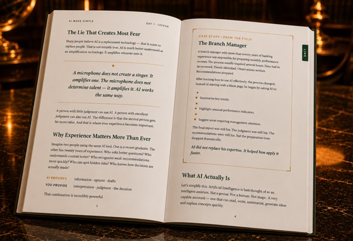 Inside AI Made Simple, pages 3–4: The Lie That Creates Most Fear, and a case study about a branch manager